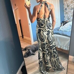 Backless Halter Maxi Dress in Black and Cream